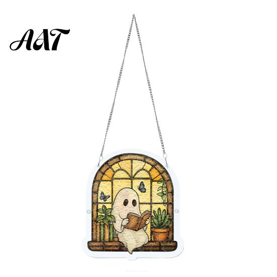 Indoor Outdoor Holiday Decoration Halloween Ghost Acrylic Puzzle Suncatcher, Colorful Window Hanging Ornament, Stained Autumn Harvest Home Decor