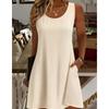 ] Summer Women's Fashion Sleeveless Tank Top Round Neck Pocket Casual Dress Women's Clothing