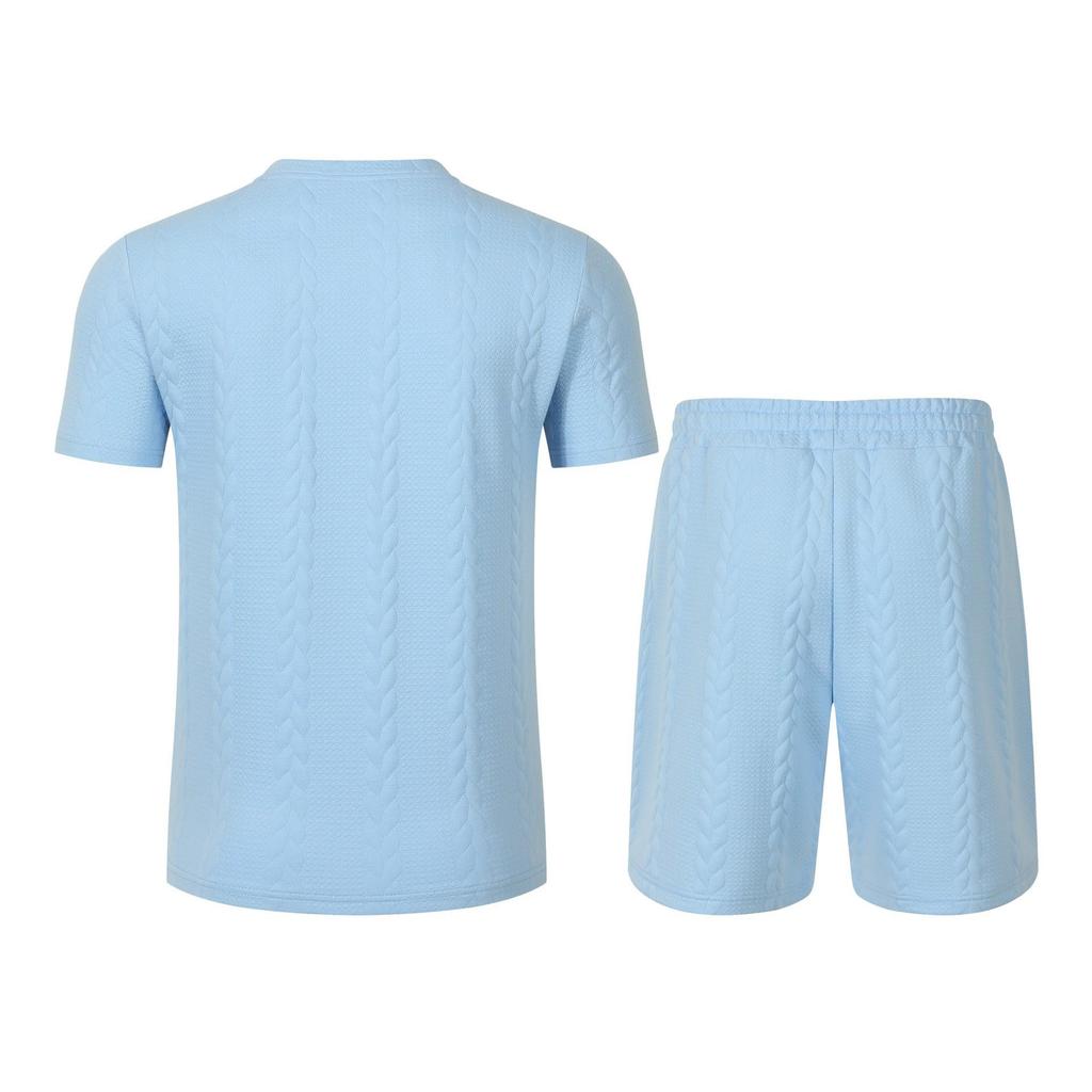 Men's European Solid Color Jacquard Summer Casual Round Neck Short Sleeve T-shirt & Shorts Set