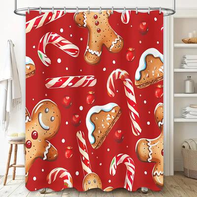 Festive Candy Cane Gingerbread Shower Curtain Decorative Red Bath Mat with Christmas Cookies Pattern for Bathroom Accessories