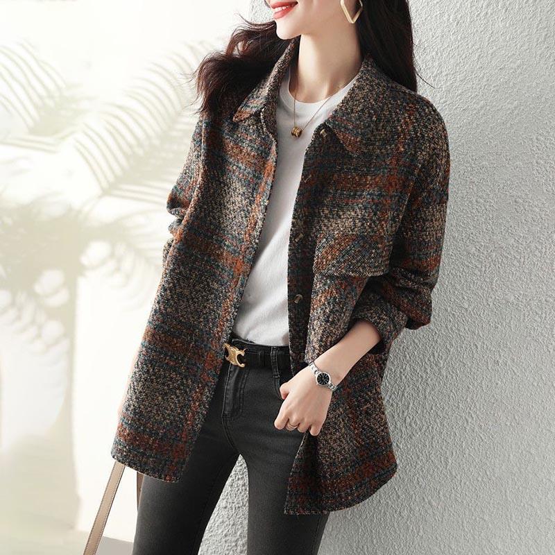 Shirt Coat for Women Casual Oversize Cardigan Double Layer Vintage Windbreaker Plaid Shirt Jacket