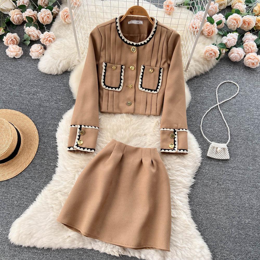 

Осенне-зимнее короткое пальто с маленьким ароматом, женский однобортный повседневный жакет плюс юбка с высокой талией, комплект из двух предметов M верблюд