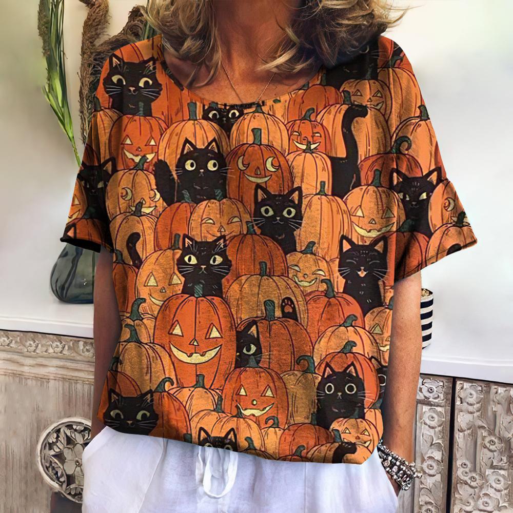 

Женская футболка больших размеров на Хэллоуин с принтом кошек, женская одежда, модные летние топы с короткими рукавами, повседневные футболки с круглым вырезом, женский пуловер 6XL
