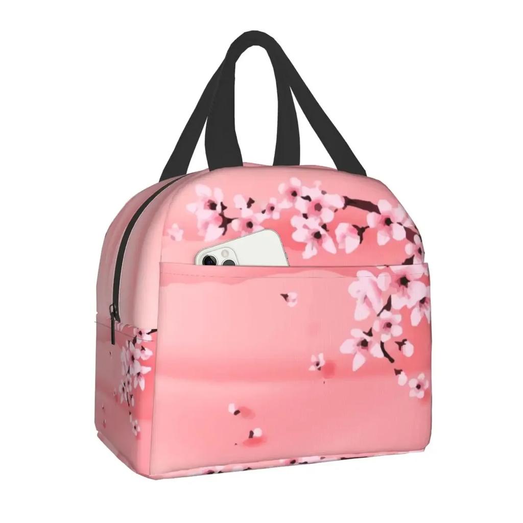 Japanese Sakura Cherry Blossoms Insulated Lunch Bags for Women Resuable Thermal Cooler Flowers Bento Box Kids School Children