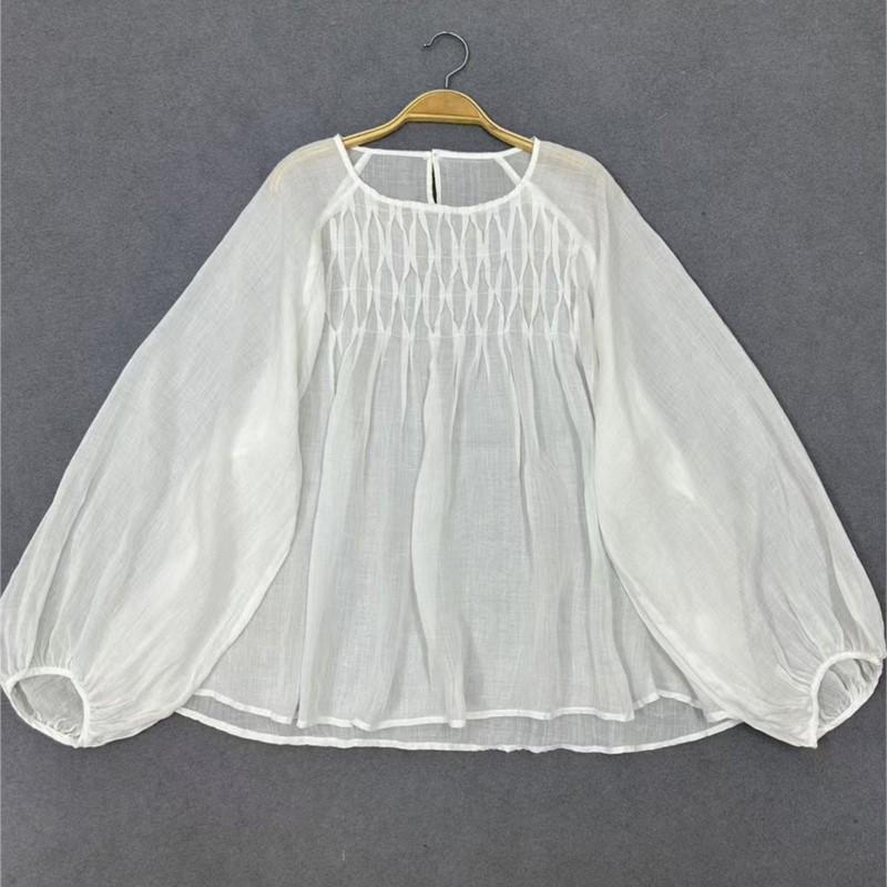 Johnature Summer Japanese Korean Forest Retro Round Neck Pressed Pleats Versatile Loose Shirts Casual Thin Women Tops