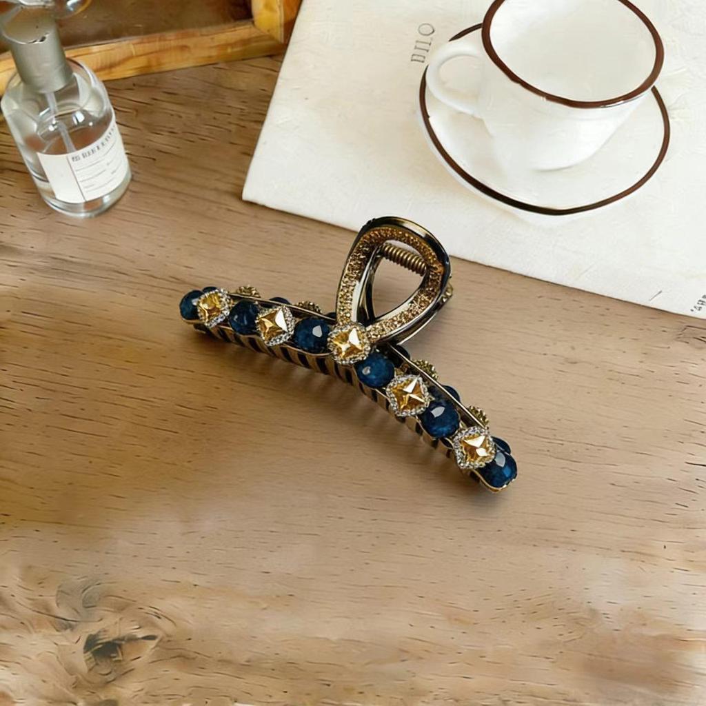 Elegant Large Blue Cat's Eye Beaded Claw Hair Clip for Updos