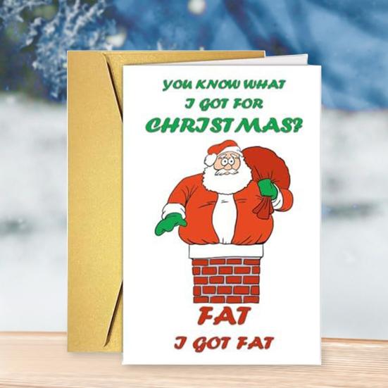 Vtipné vánoční přání pro něj, její humorný kreslený vzor, ​​vánoční skládací přání