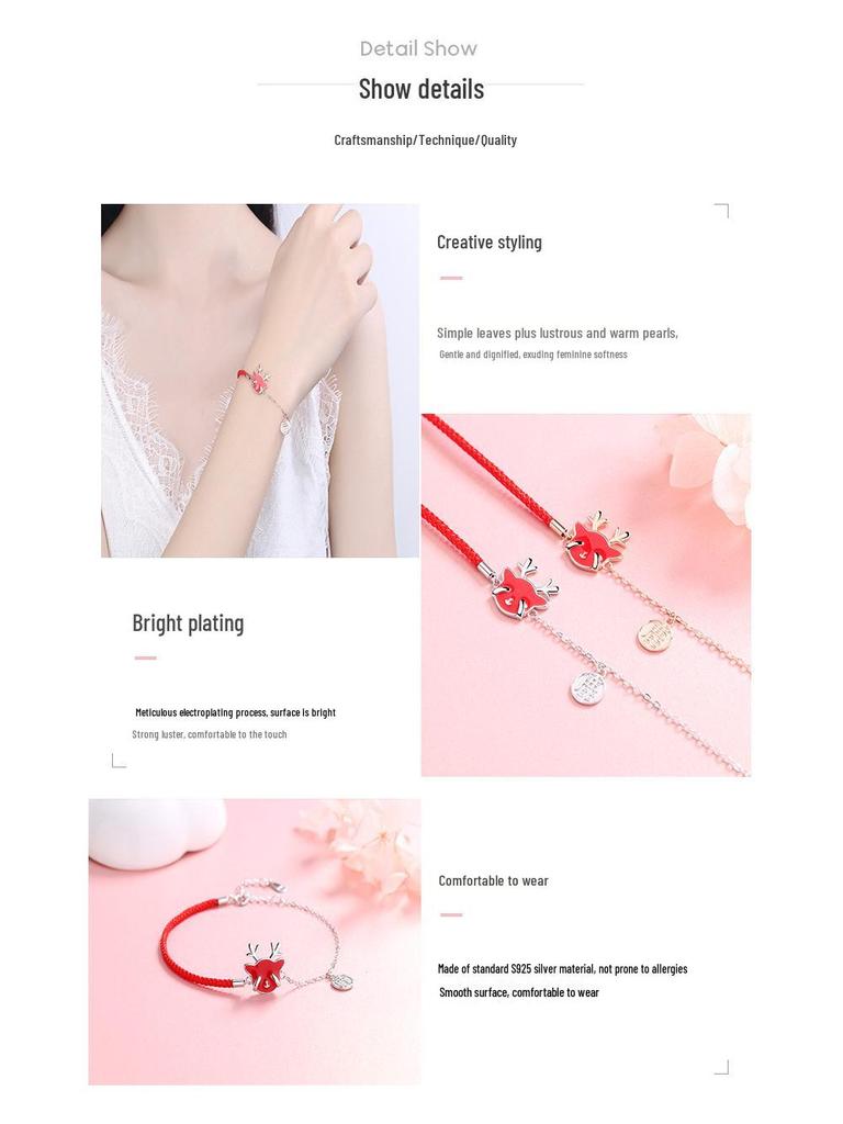 S925 Sterling Silver Antler Bracelet with Temperature-Sensitive Color Change, Woven Red Rope, Chinese Style Women's Christmas Jewelry Gift.