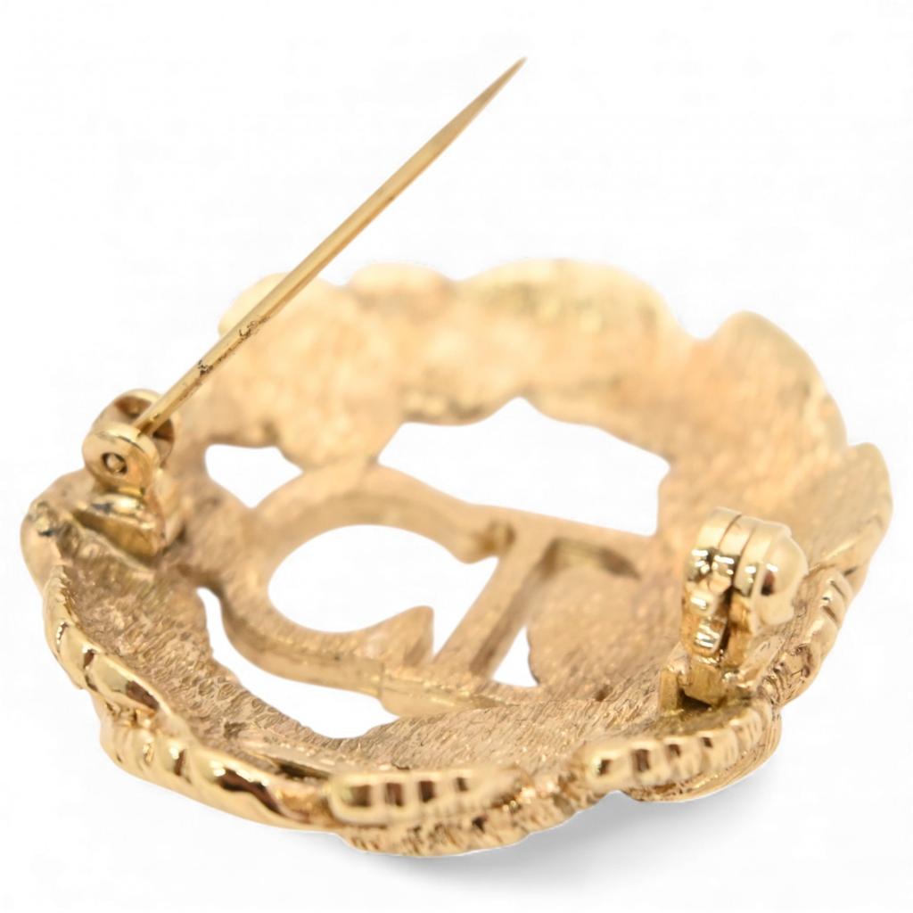 Auth DIOR Pave Leaf CD Logo Brooch Gold-Tone Metal Rhinestone Di4610bf