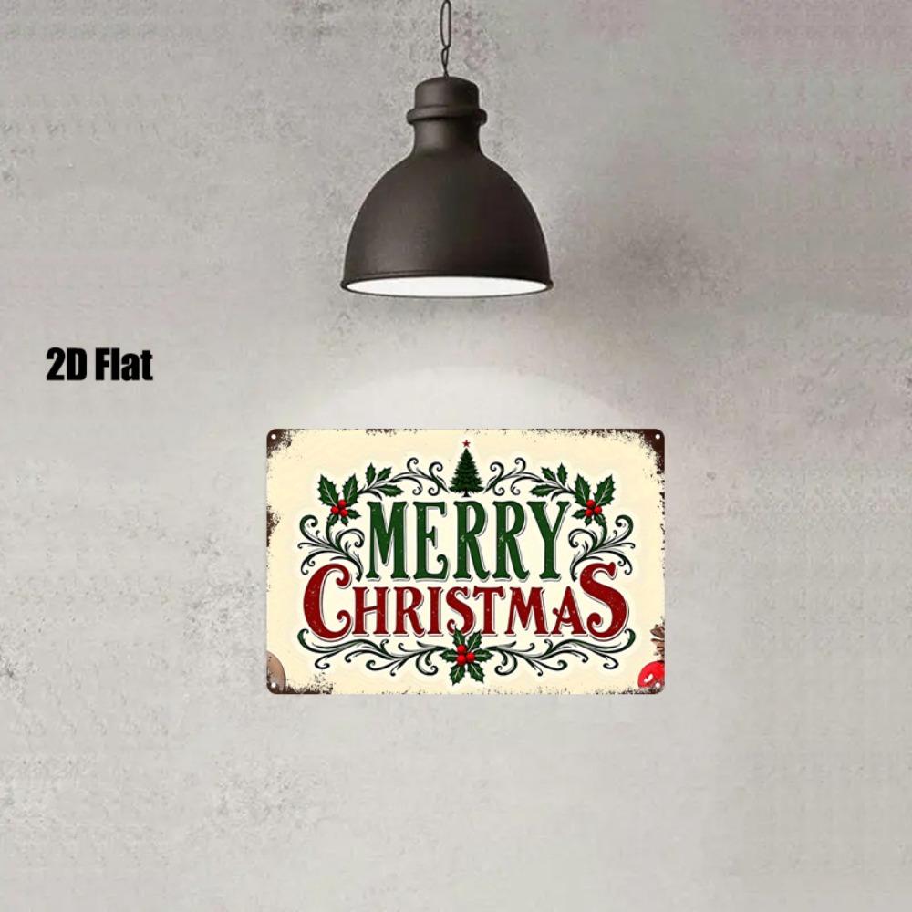 Vintage Merry Christmas Metal Wall Sign, 8x12in, Holly Wreath Design, Red/Green/Gold, Easy Install
