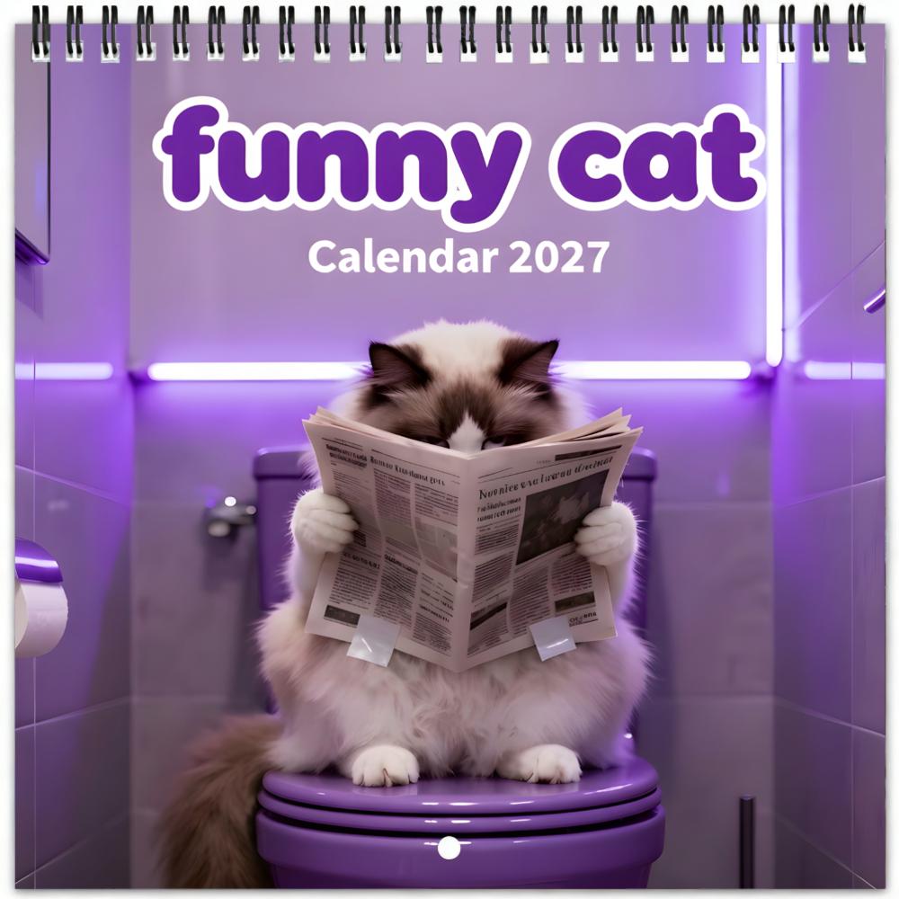 Funny Cat Reading Newspaper 2027 Wall Calendar Spiral Bound Thick Coated Paper Monthly Planner Home Office Pet Lovers Christmas