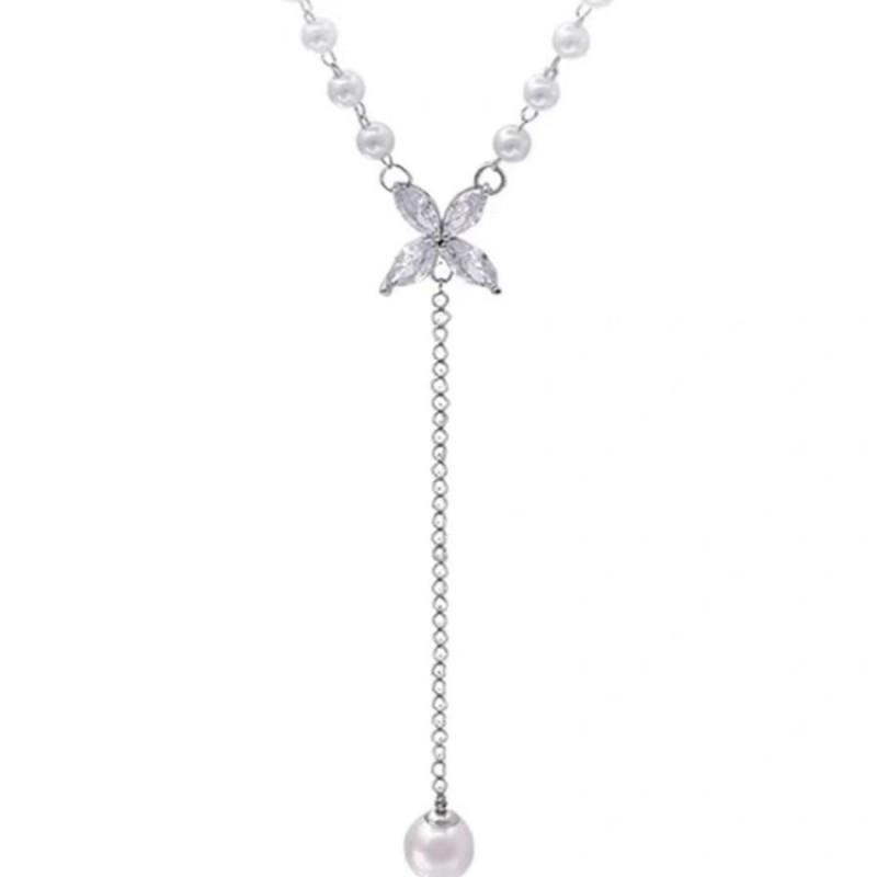 Butterfly Zircon Pearl Pendant Necklace Women Delicate Long Snake Chain Elegant Korean Style Jewelry 31-40cm Adjustable