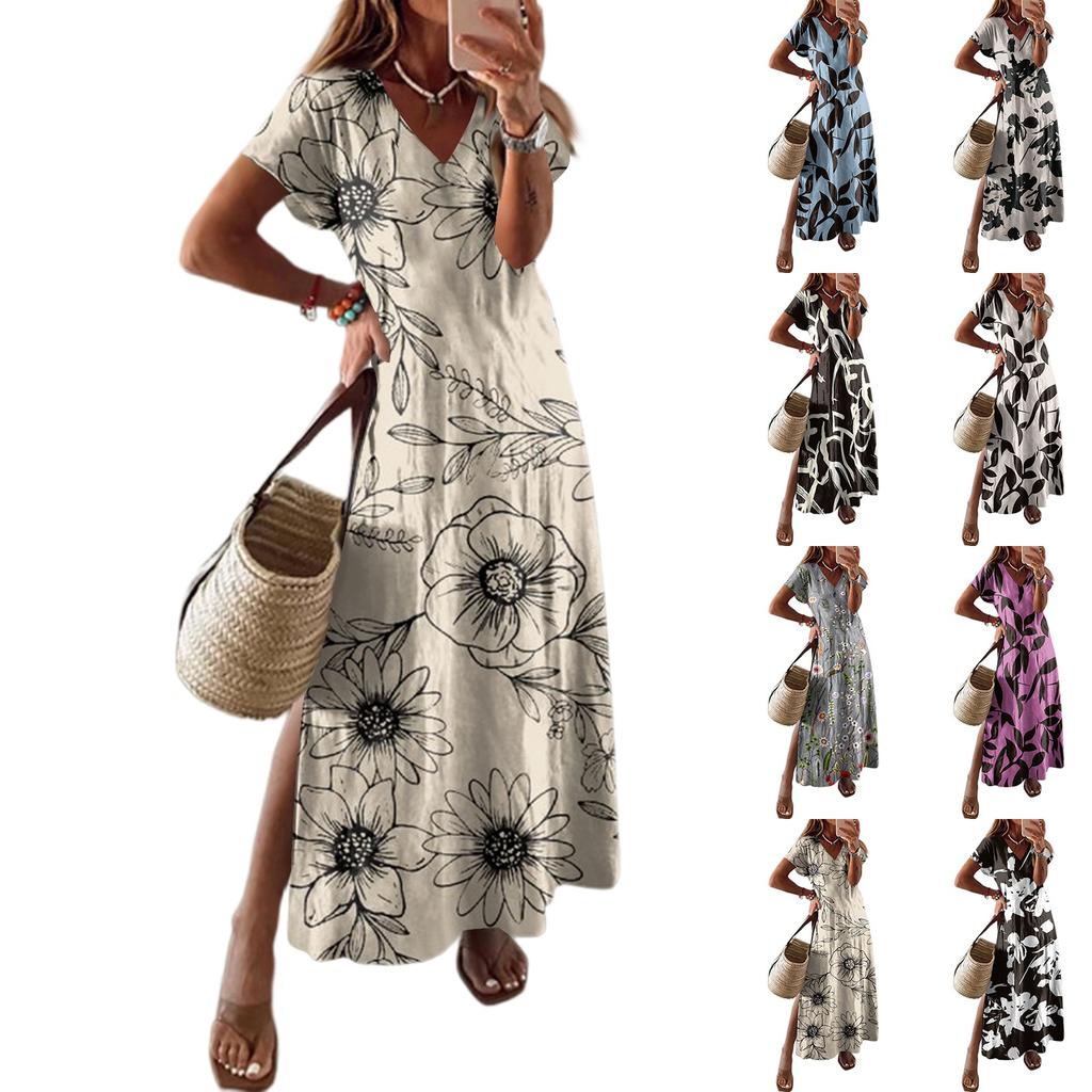Women Summer Floral Dress Short Sleeve Beach Dress With Pockets Casual V-Neck Split Long T-Shirt Dress Travel Vacation