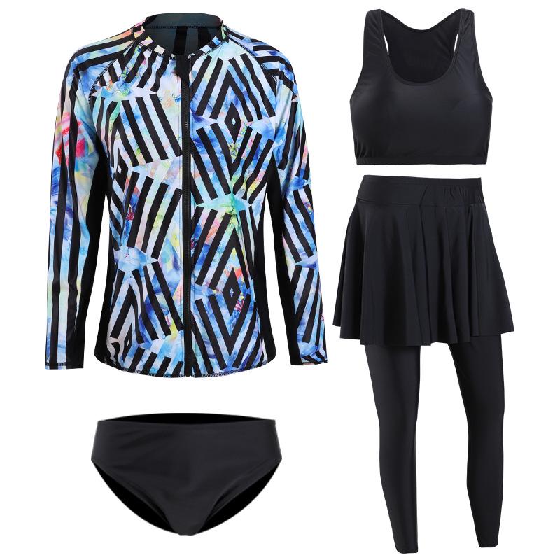 Couple's Zipper Sun Protection Long Sleeve Diving Suit - Women's Split Skirt Style, Plus Size Swimwear