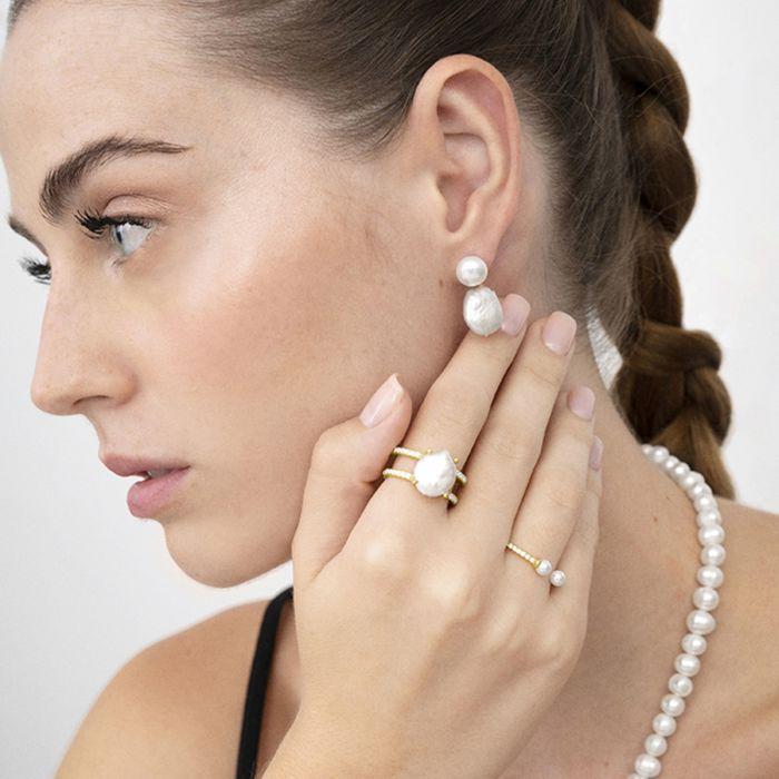 Boucles d'oreilles Luxenter en argent 925 avec perle blanche finie en or jaune 18K - Over