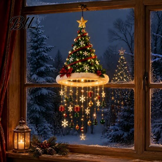 Reusable Holiday Entrance Decor Christmas Tree Hanging Ornament with LED Lights, Lighted Pendant Star Topper, Luminous Party Atmosphere Lights