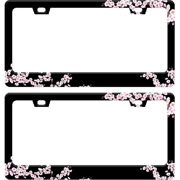 Cherry Blossoms License Plate Frame Beautiful Pink Flowers License Plate Frames Funny Auto Accessory Bracket Stainless Steel License Plate for Women