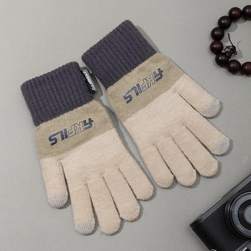 

Outdoor Sports Cycling Knitted Gloves Men Korean Warm Touch Screen Recognized Gloves Color Blocked Warm Connected Finger Gloves бежевий