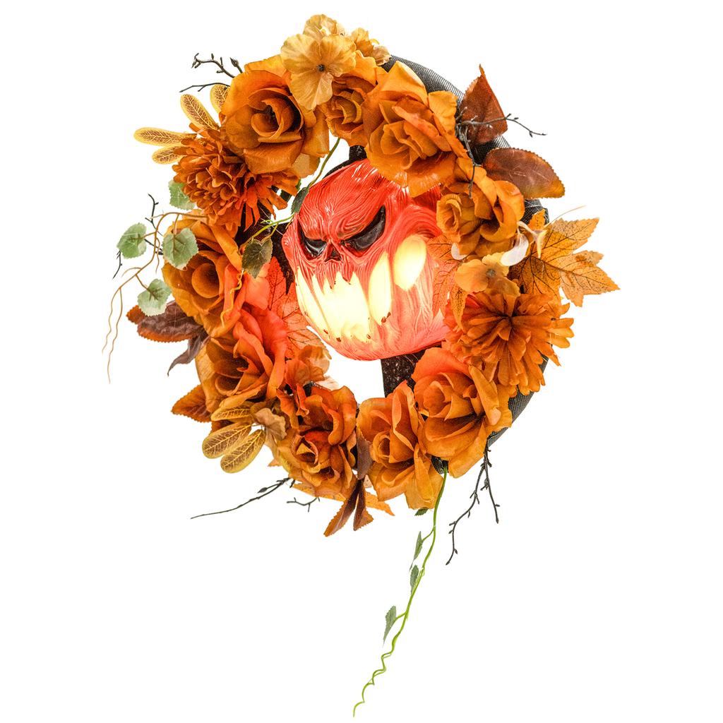Halloween Wreath, Spooky Pumpkin Design, Autumn Leaves, Light Effects, Plastic