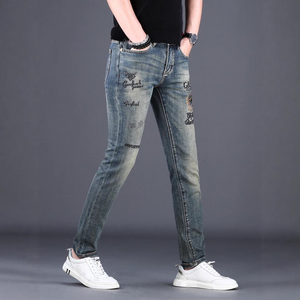 High-end European Autumn and Winter Jeans Men's Slim-fitting Small Feet Trendy Brand Elastic Personality Fashion Embroidery Men's Long Pants