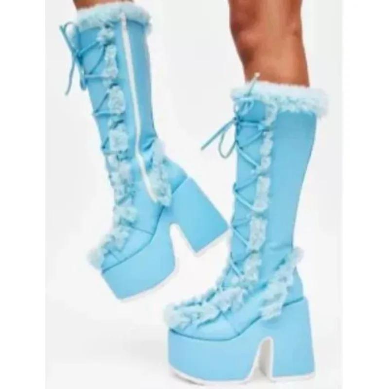 Nowe zimowe damskie buty śnieżne na platformie, klinowe, na wysokim obcasie, sztuczne futro, damskie buty, pluszowe, ciepłe, antypoślizgowe, do połowy łydki, buty gotyckie