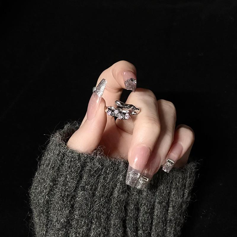 Cross-Set Diamond Pink Zircon Niche Design Sense Irregular Personality French Irregular Opening Ring Female Adjustable opening