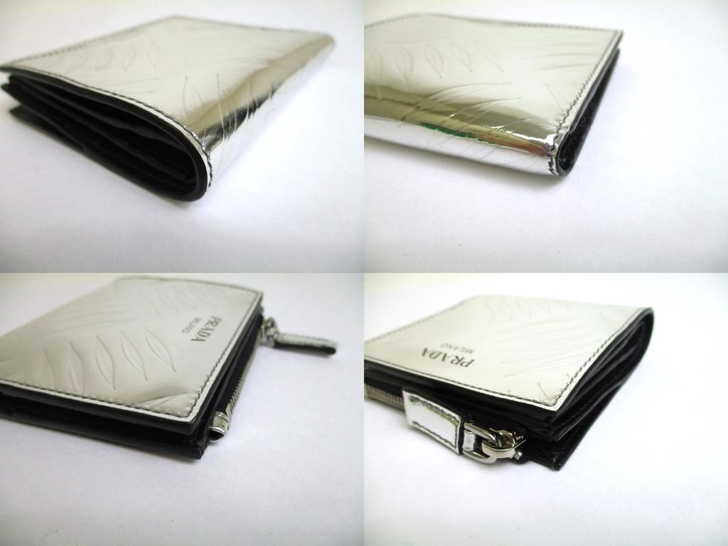 PRADA Silver and Black Leather Bifold Wallet Compact Wallet #a592