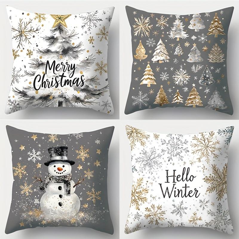 4pcs, Gold Glitter Christmas Pillowcase Gold Snowman Elk Christmas Tree Design Pillow Cover Festive Cushion Cover Party Decor