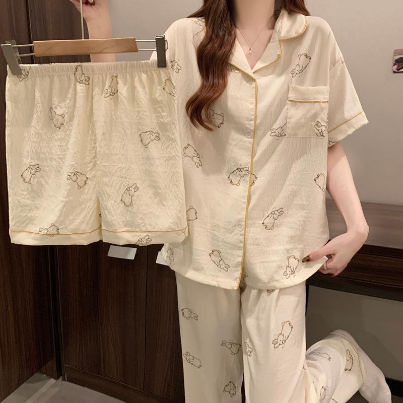 Cloud Cotton Short-Sleeved Three-Piece Pajamas Women'S Summer Soft Cute Rabbit Girl Loose And Comfortable Loungewear