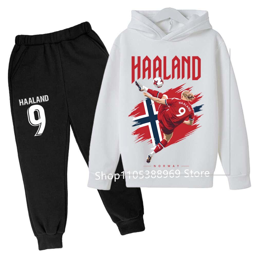 Boys Haaland Cartoon Football Tracksuit 2 Piece Hoodie and Jogger Pants Set Kids Graphic Print Sport Outfit