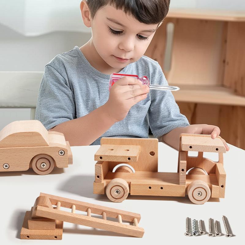 Wooden Screw Assembly Car Montessori Toys Kids Fire Engine Train Creative DIY Vehicle Model Fine Motor Training Educational Toys