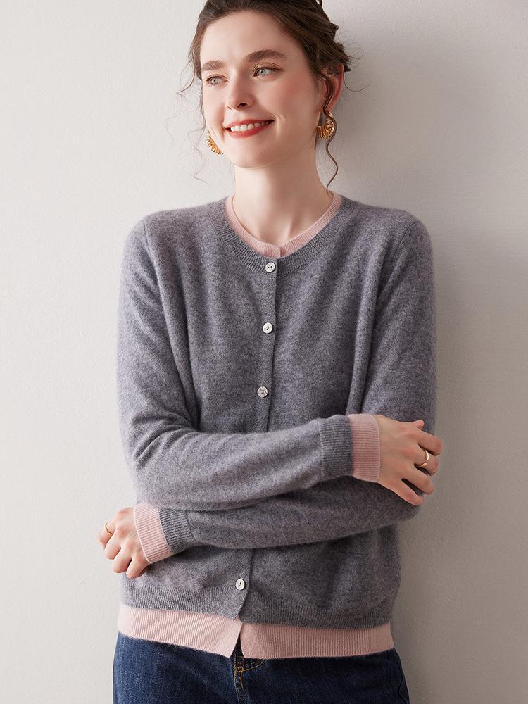 2025 Autumn/Winter Cashmere Color Block Two-Piece Knit Cardigan – Elegant Campus Style Sweater Top