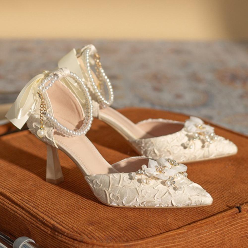 Bow Hollow High Heels Women's Sandals Temperament Pearl Chain Pointed Women's Shoes Women's Versatile Single Shoes Women