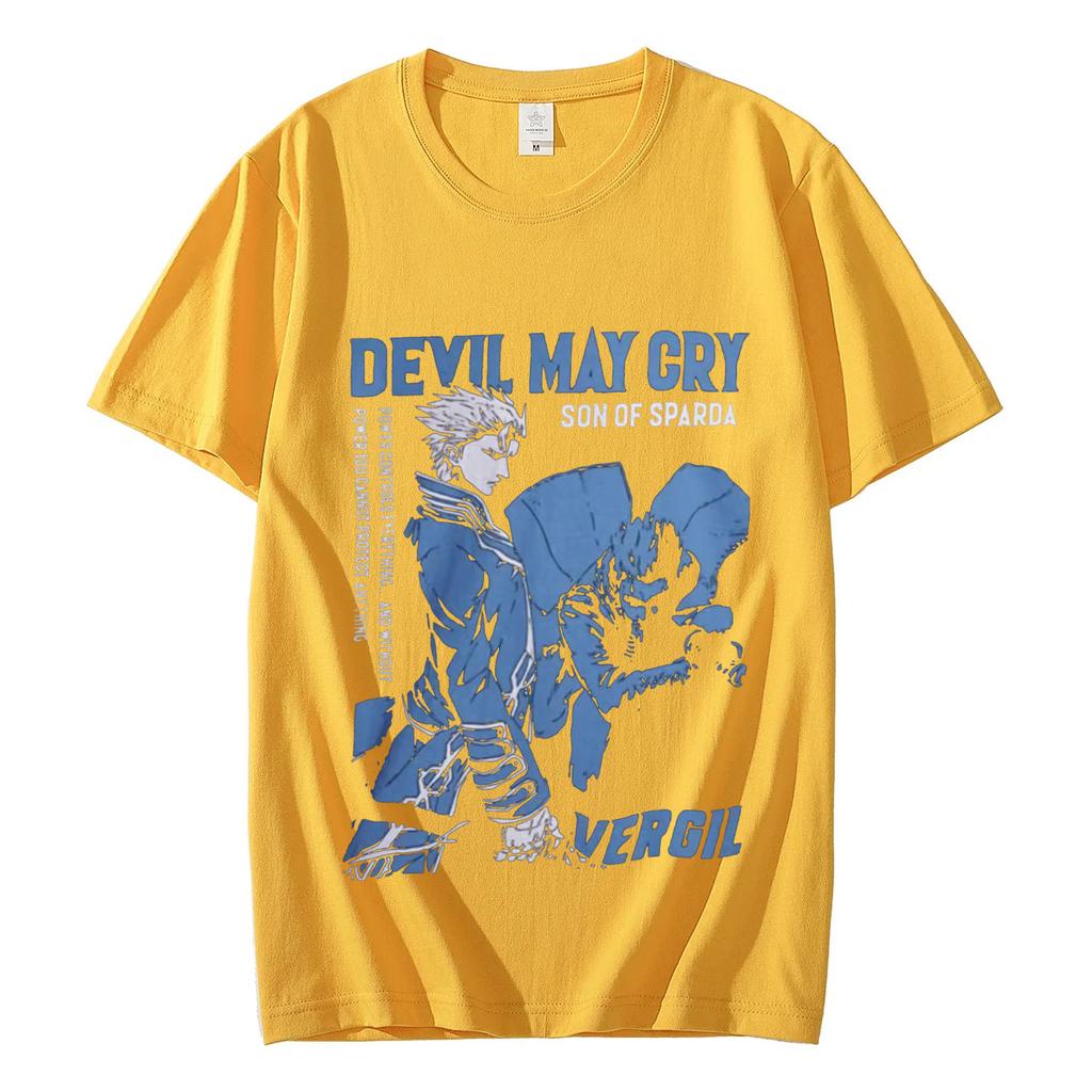 T-shirt à manches courtes, style vintage, surdimensionné, unisexe, décontracté, en coton, style streetwear, avec imprimé Devil May Cry