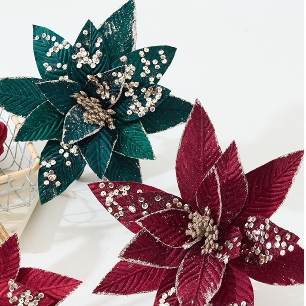 New 25CM Artificial Poinsettia Flower Sequins Glitter Simulation Flowers Sparkling Christmas Glitter Flower New Year Festival