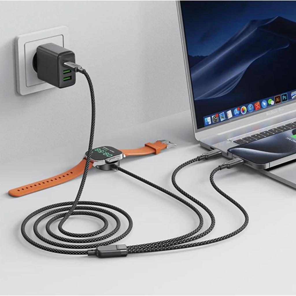 3-in-1-Kabel USB-C - 2x USB-C / Apple Watch Qi-Ladegerät 480 Mbit/s 100W 1,2m - schwarz