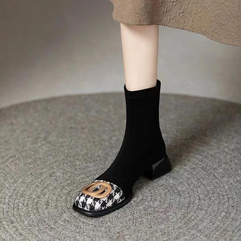 Fashion Women Mid Heels Chelsea Boots Chunky Suede Ankle Shoes Winter 2024 Fashion New Zipper Boots Pumps Walking Punk Warm Sock Botas