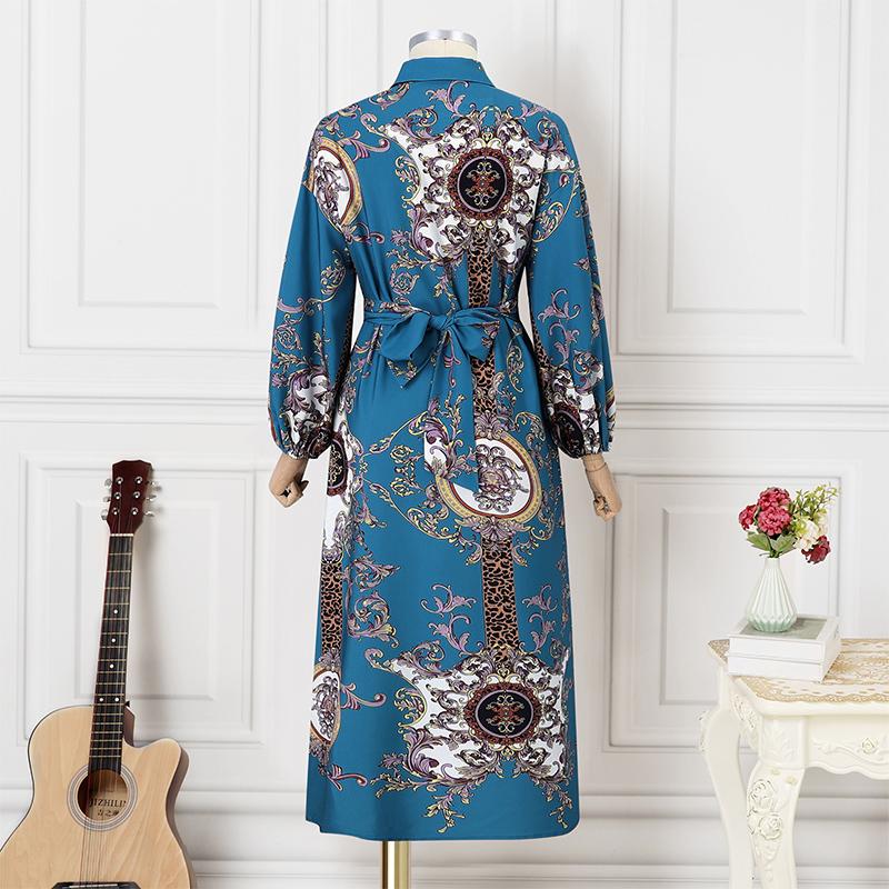 Women Lapel Collar Long Sleeve Floral Printed Casual Long Shirt Dresses
