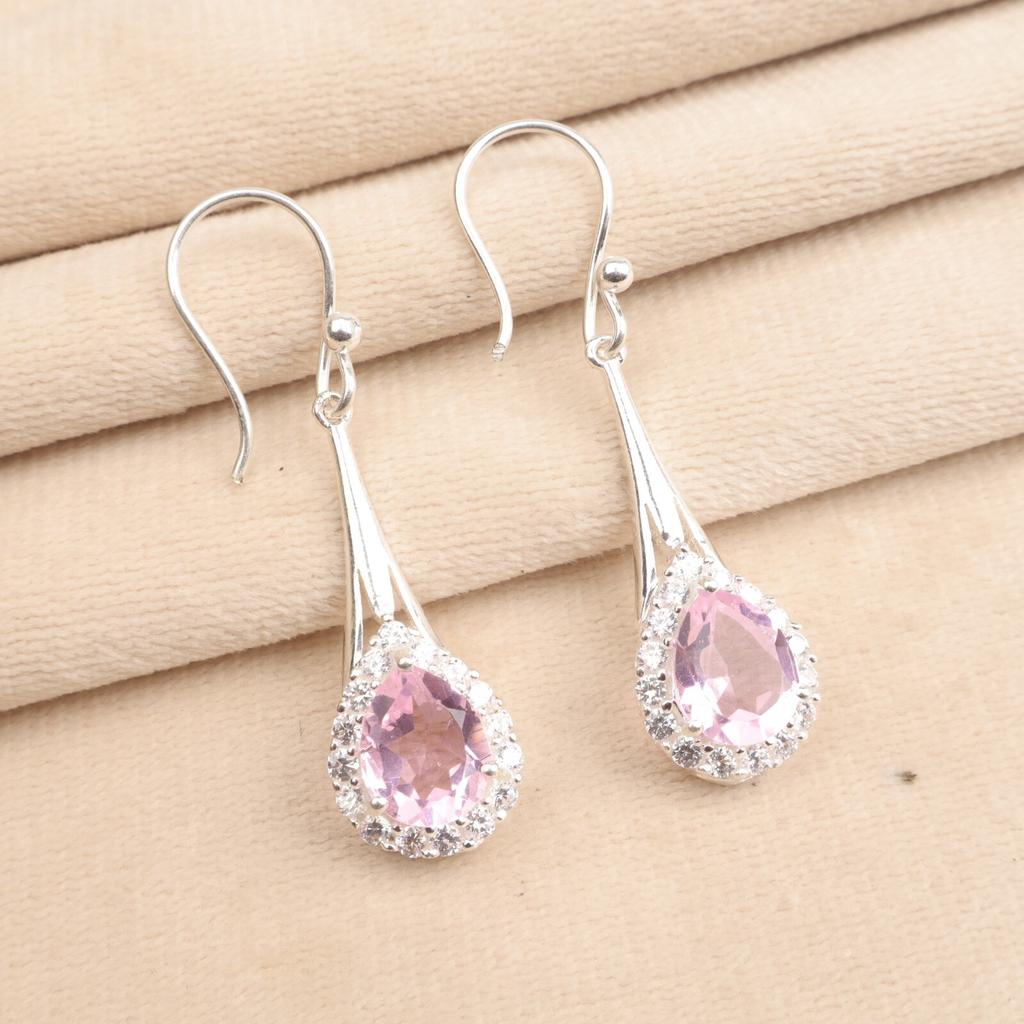 Natural Morganite Gemstone 925 Solid Silver Jewelry Zircon Women Earrings 1.86" CZE-7-13