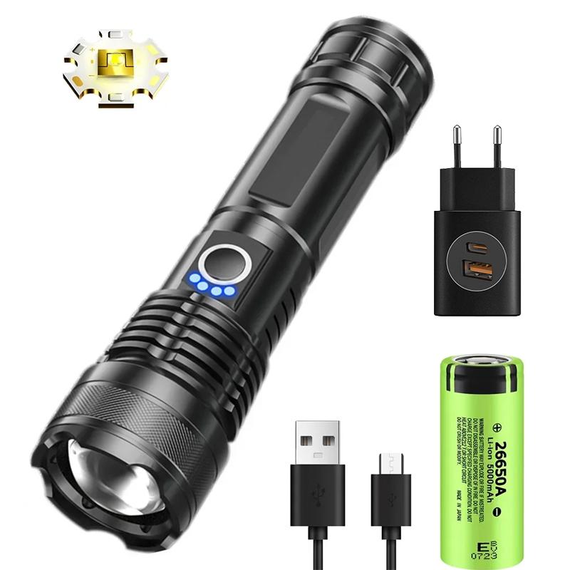 90000LM High Power XHP50 Led Flashlight Rechargeable Torch Zoom Usb Hand Lantern Camping Outdoor Waterproof Emergency