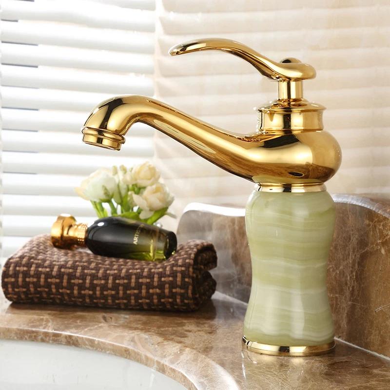 Gold Faucet Wall Mount Bathroom Washbasin Sink Faucet Brass Jade Crystal Cold Hot Mixer Taps Torneira ZR251