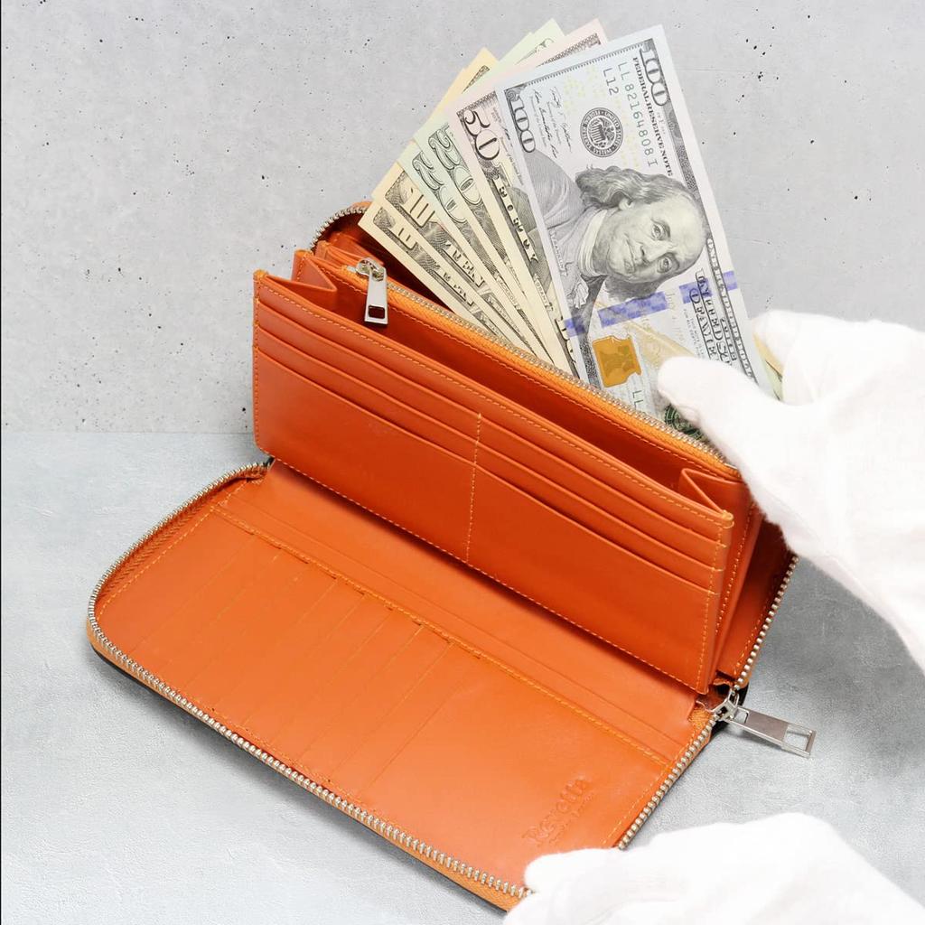 [Revetta] Stingray Leather Long Wallet with Round Zipper, Stingray and Galuchat Pattern, Orange Genuine Leather with Orange Leather Interior [195stw]