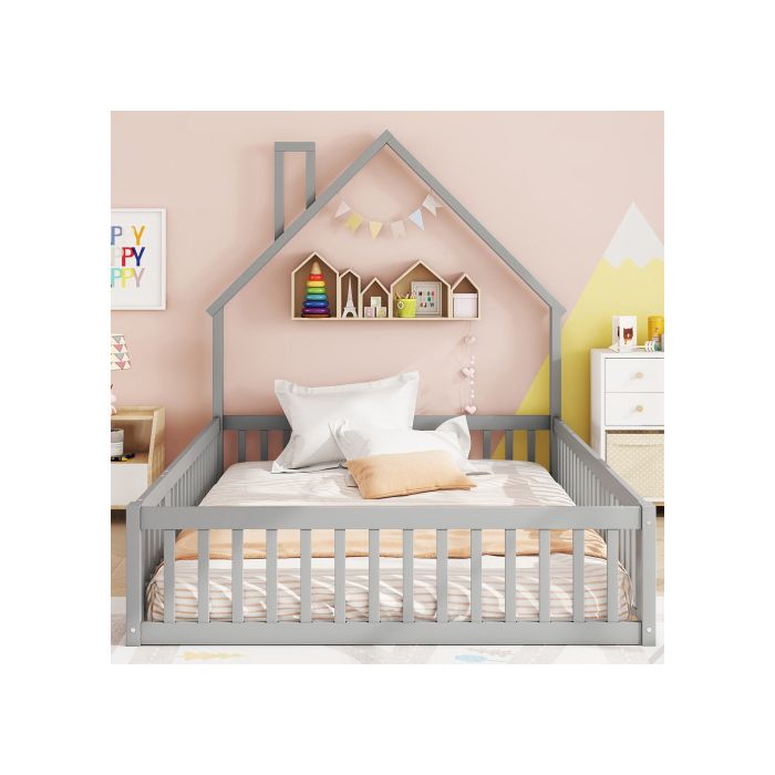 Lit - MUVOE - 140 x 200 cm - Rembourré - Pin - Style minimaliste - Gris