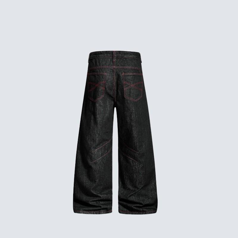 American Retro Raw Black Denim Wide Leg Jeans High Waist Contrast Stitch Straight Pants Teens