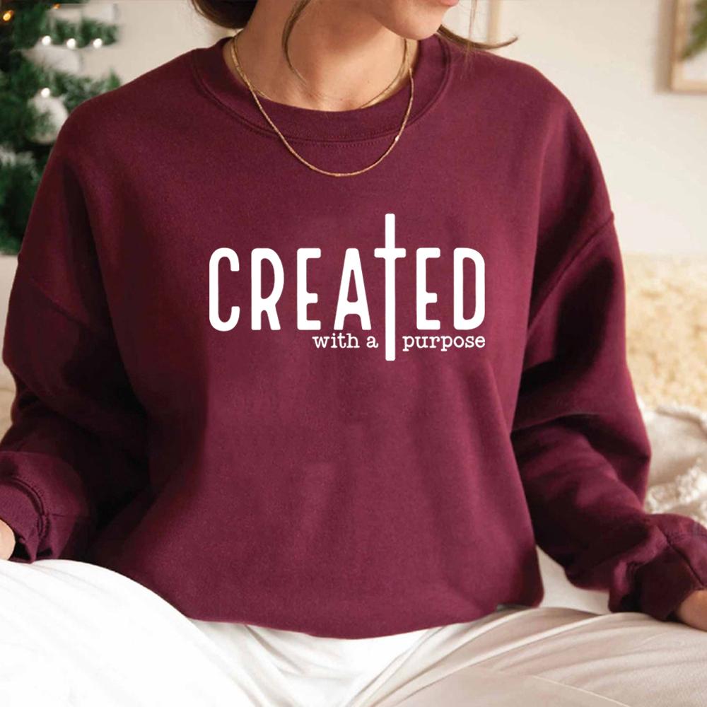 Created with A Purpose Sweatshirt Faith Hoodie Bible Saying Sweatshirt Unisex Long Sleeve Pullover Men Women Graphic Hoodies Top