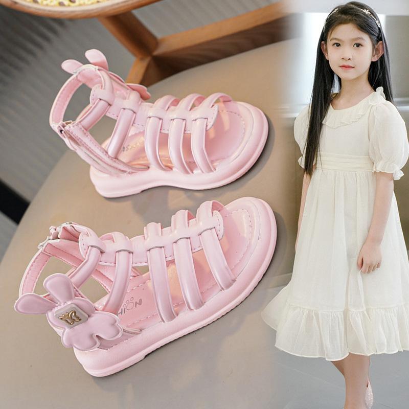 

Girls Sandals Gladiator Sweet Ins Trendy Kids Beach Shoes Non-slip 2025 Summer New Girls Roman Shoes Princess Style Side Zipper 26 розовый