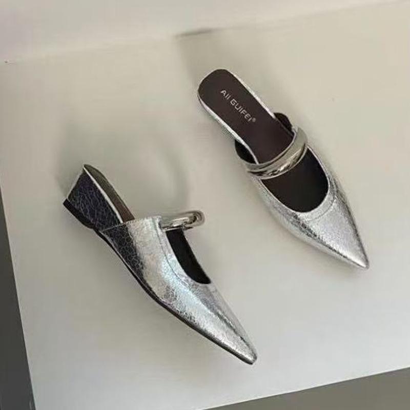 Mature Casual Comfortable Slope Heel Cool Slippers Women's Niche Premium Pointed Metal Buckle Bag Head Thick Heel Half Support