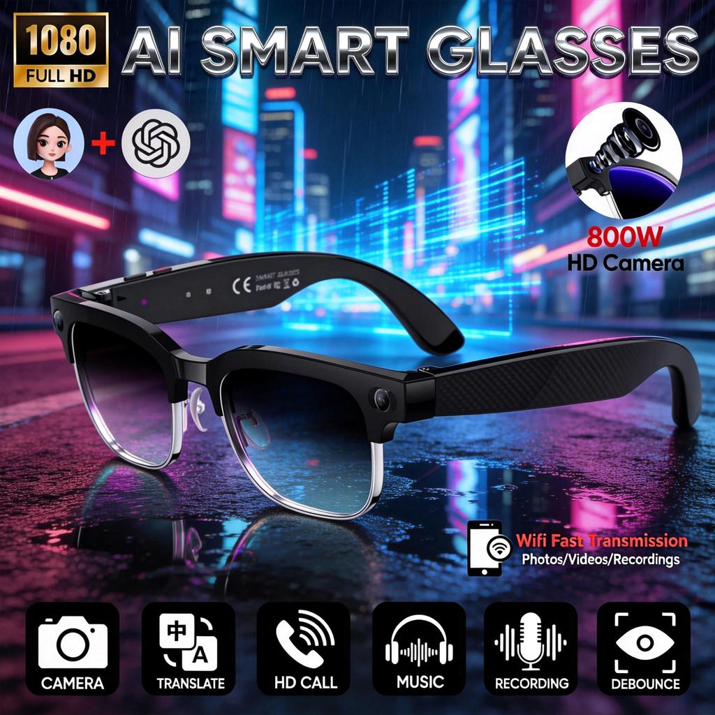 New AI Smart Glasses 1080P HD Camera Chat GPT 32GB Memory 144+Translation BT Call Music Video Smart Glasses For Men Women