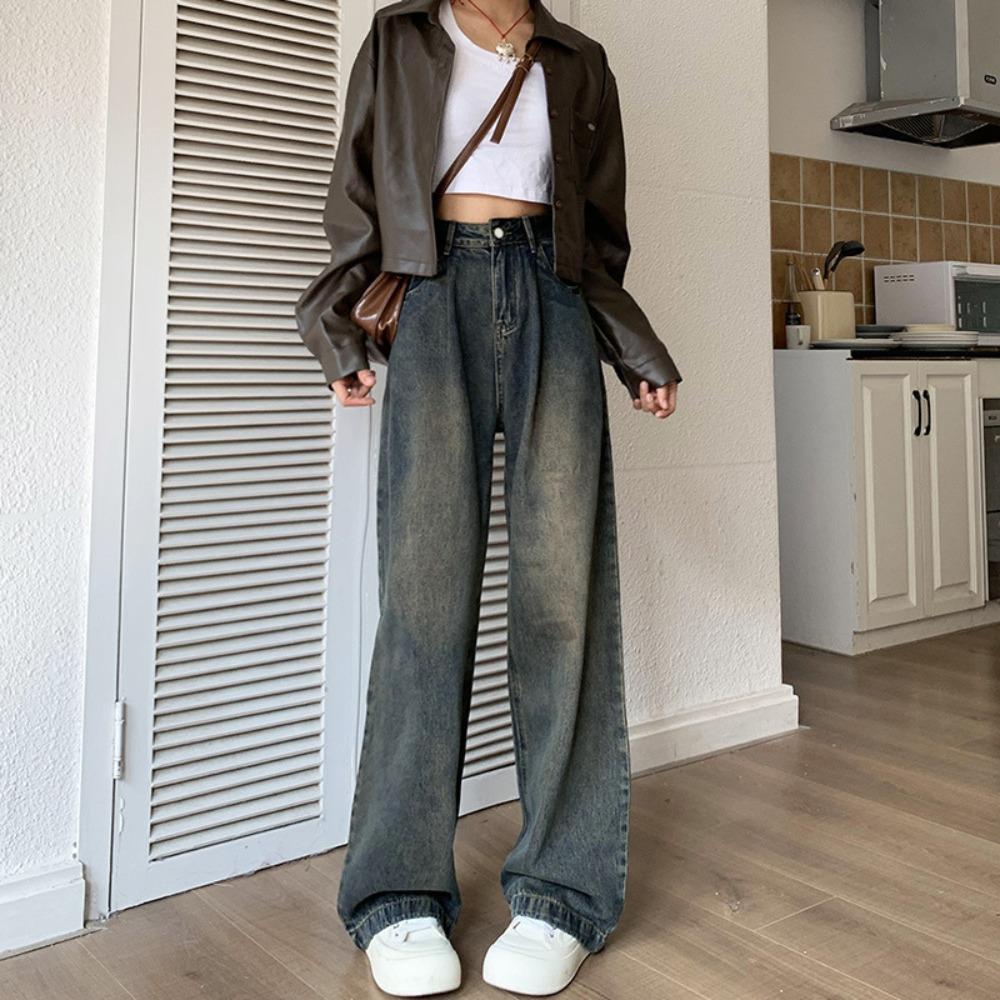 American Retro Wide-leg Jeans Women's Autumn and Winter New Small Cement Gray Loose Straight Jeans