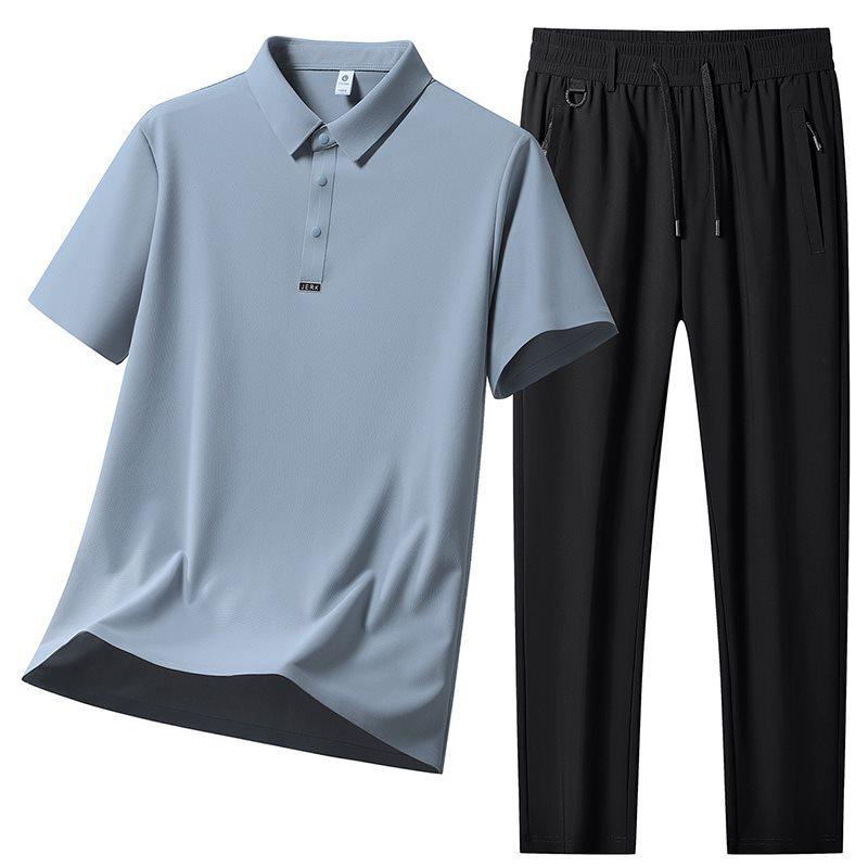 Men's Polo Short Sleeve & Long Pants Set: Summer Breathable, Elastic, Cool Touch Casual Sportswear.